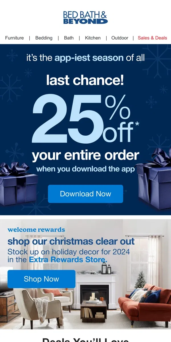 Email from Bed Bath & Beyond. Last Chance: Take 25% Off Your ENTIRE Order!