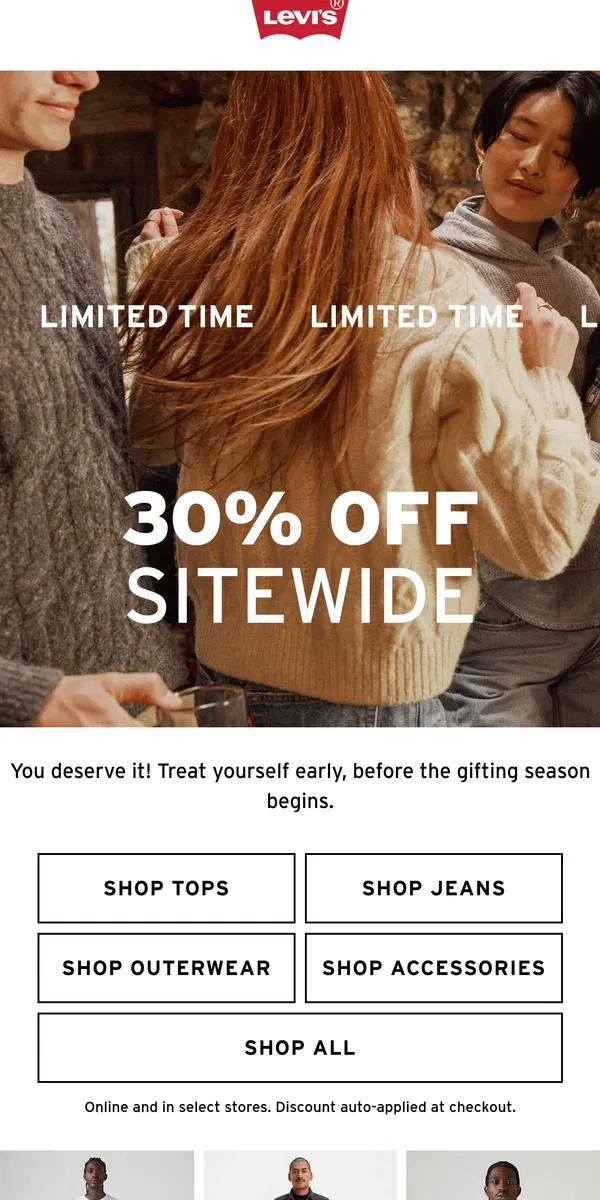 Email from Levi's. Limited time! 30% off sitewide