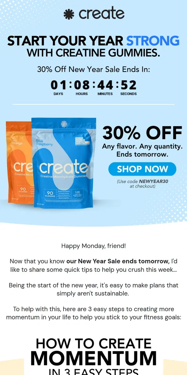 Email from Create Wellness. ENDS tomorrow + creating momentum?