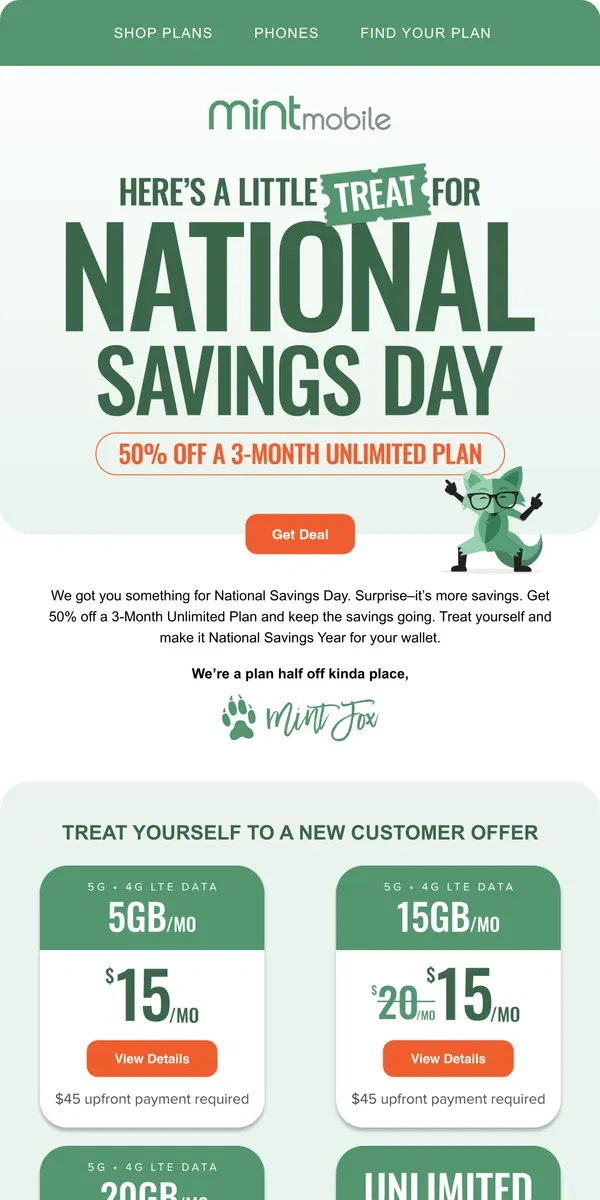 Email from Mint Mobile. Open for extra savings for National Savings Day