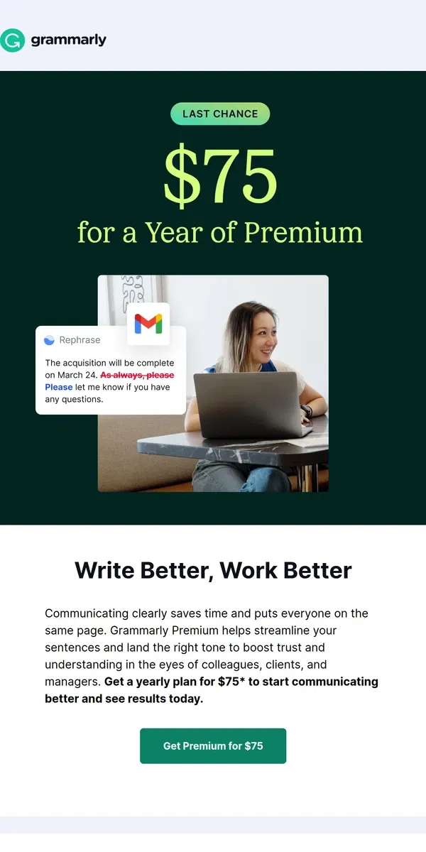 Email from Grammarly. Last chance: Save 48% on a year of Premium