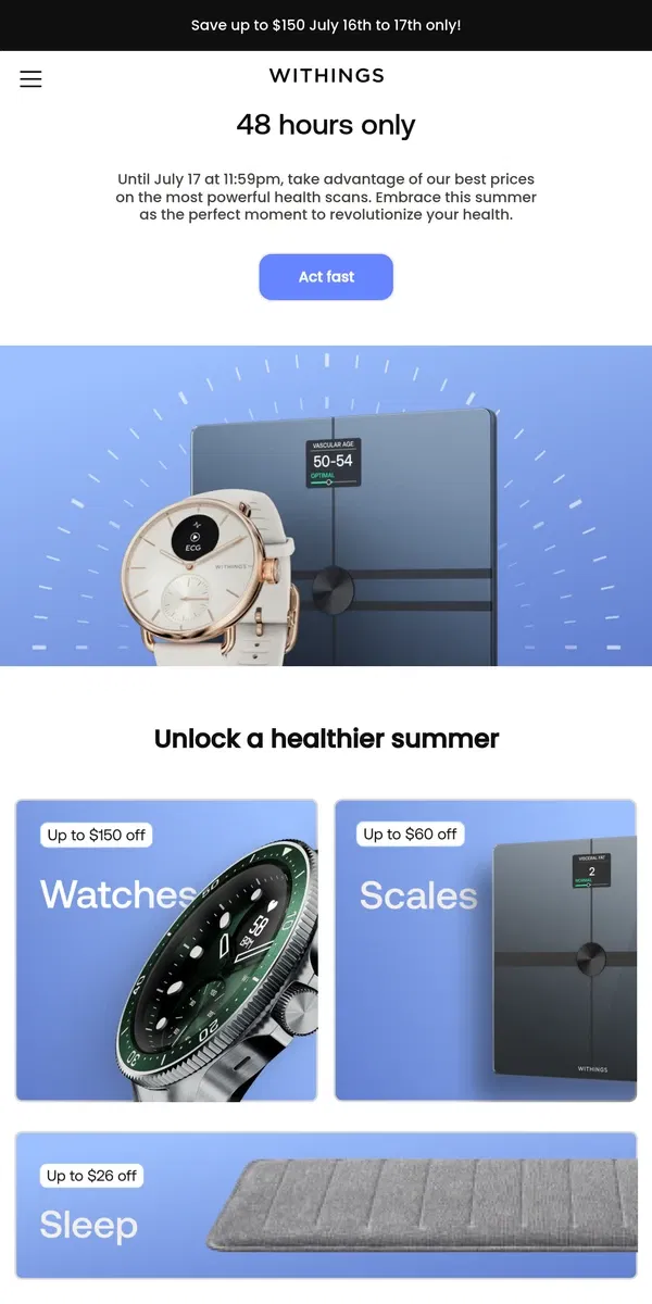 Email from Withings. FLASH SALE | Up to $150 off