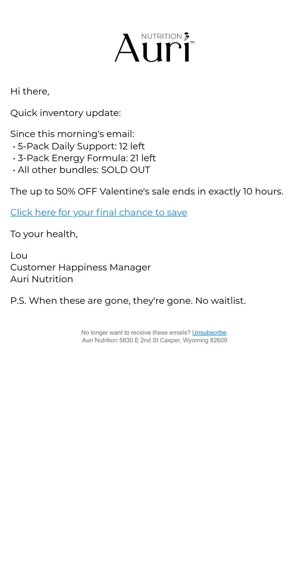 Email from Auri Nutrition. 4 HOURS LEFT (Up To 50% OFF nearly gone)