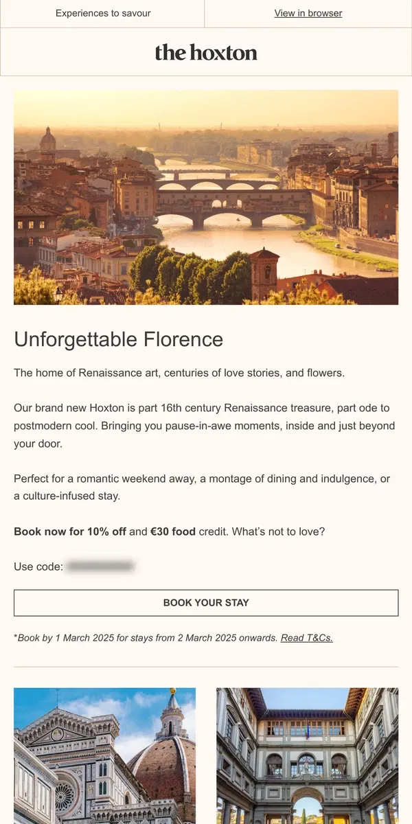 Email from The Hoxton. Romance and Florence, a perfect pairing