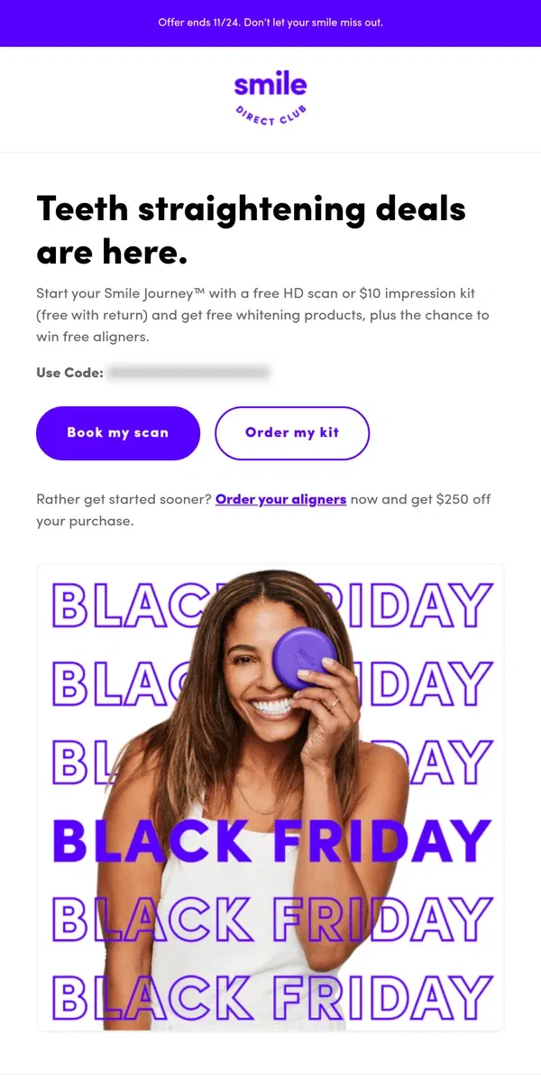 Email from SmileDirectClub. Hello, it’s BLACK FRIDAY calling...☎️