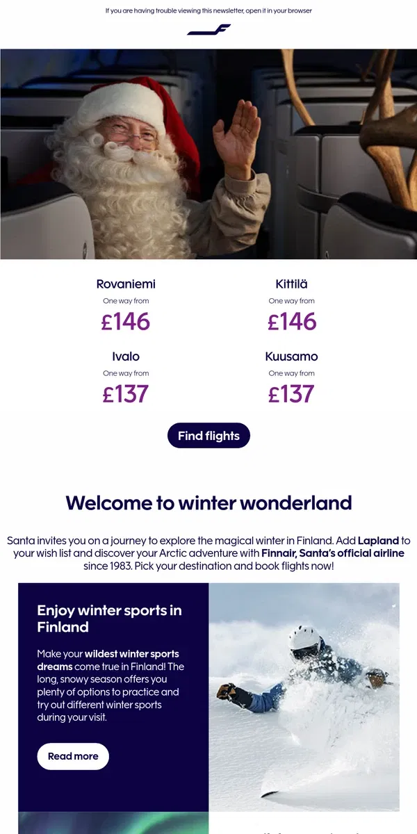 Email from Finnair. Fly to Lapland with the official airline of Santa