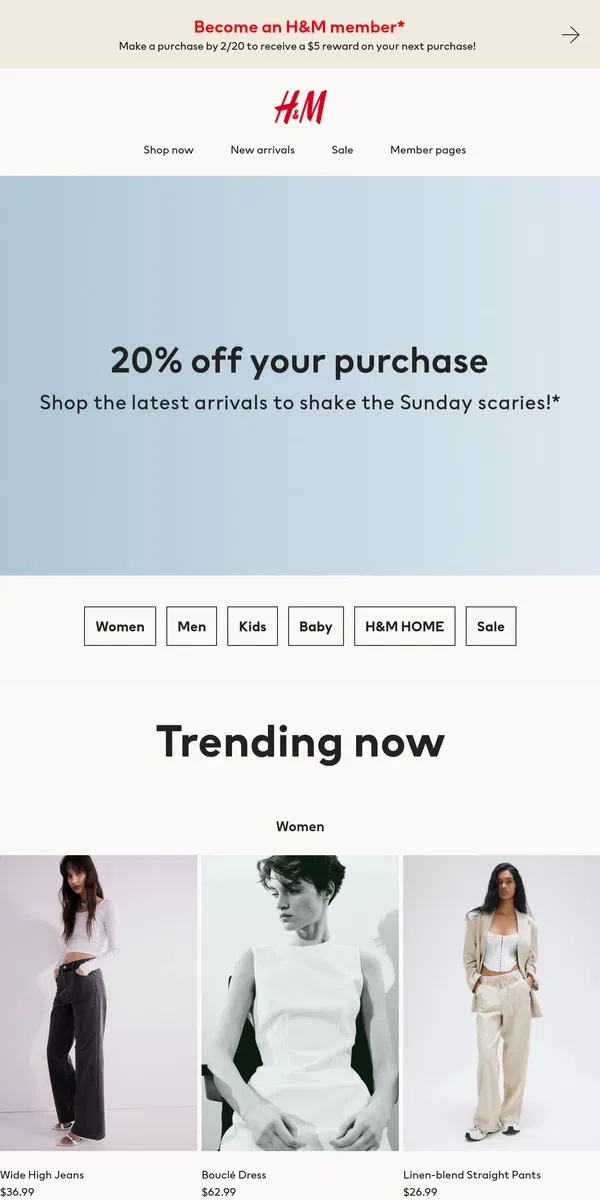 Email from H&M. Happening now: 20% off sitewide