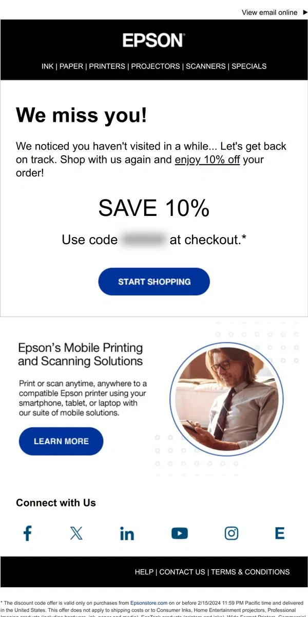 Email from Epson. We Miss You - Stop By and Save 10%!