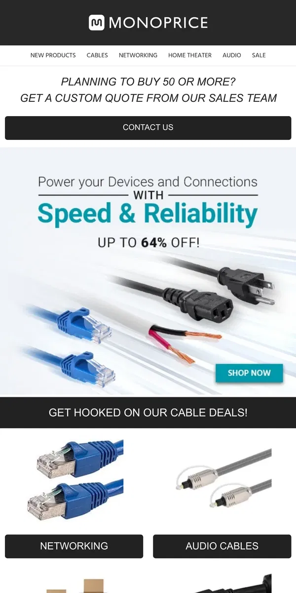 Email from Monoprice. SHOP TODAY | Cable Deals Up to 64% OFF