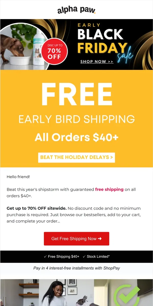 Email from Alpha Paw. 🚨 Free shipping on all orders $40+