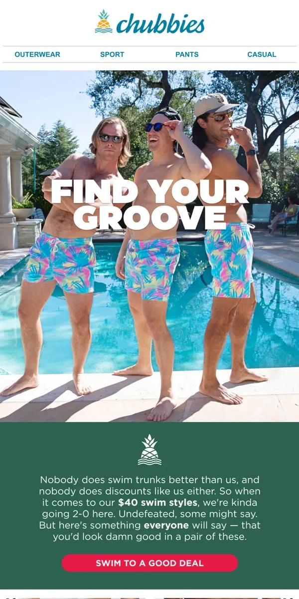 Email from Chubbies Shorts. $40 SWIM TRUNKS?