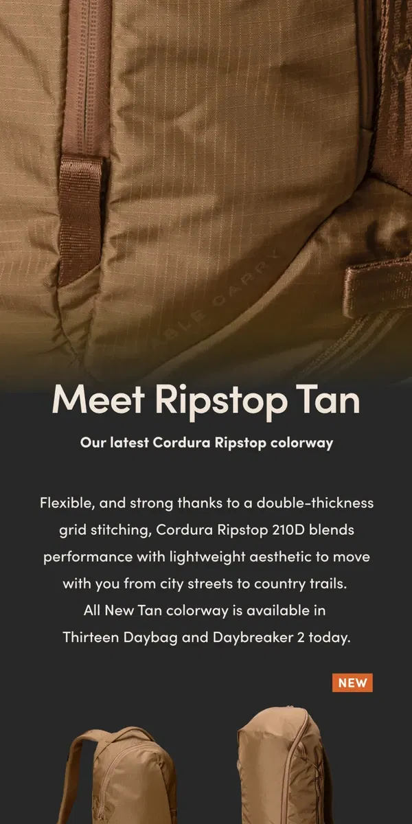 Email from Able Carry. Introducing Ripstop Tan