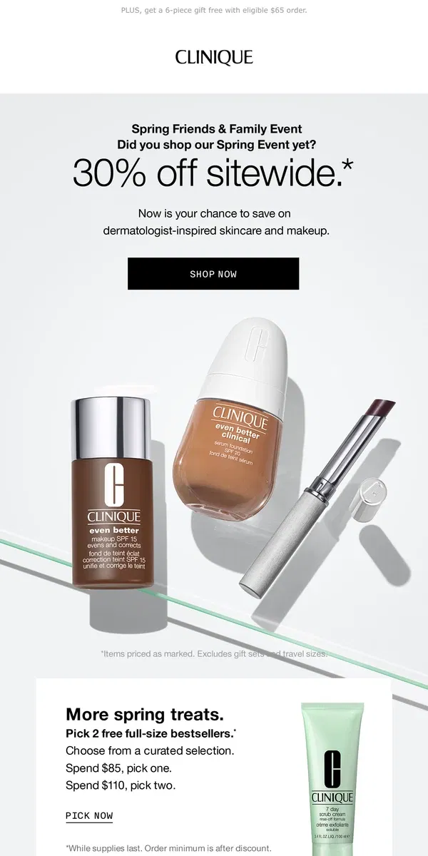 Email from Clinique. Spring to it! These deals end soon. 30% off sitewide.