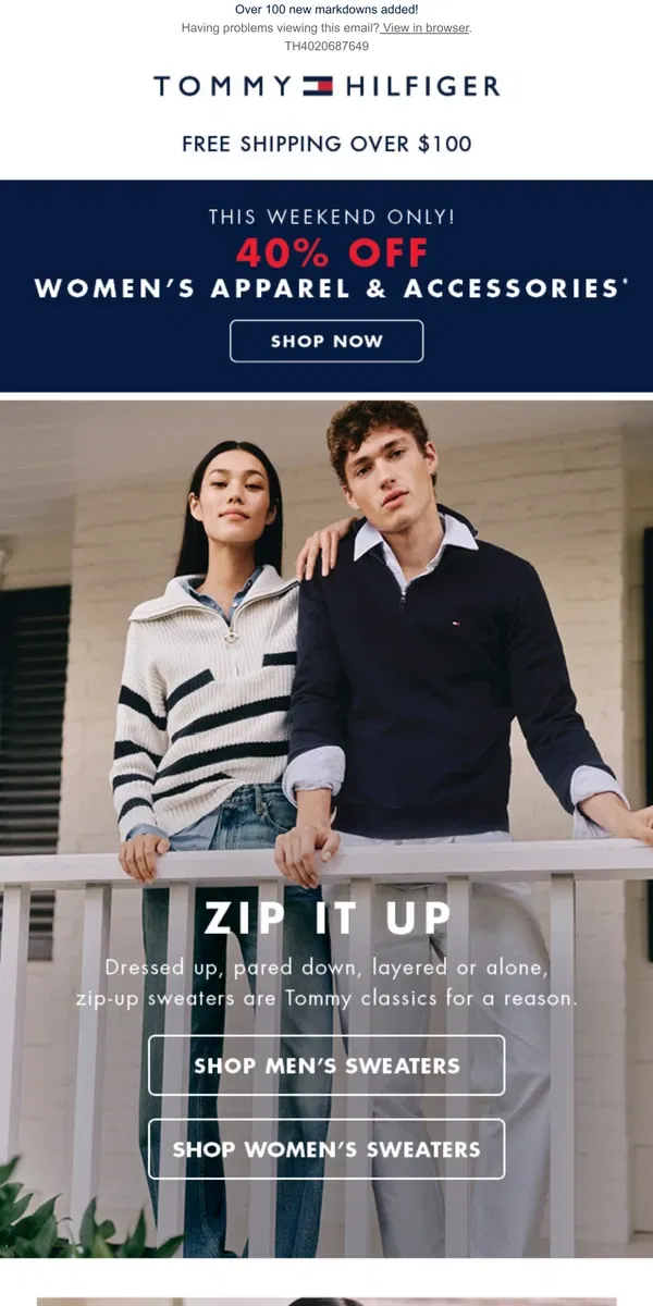 Email from Tommy Hilfiger. THIS WEEKEND ONLY: 40% off women's apparel + accessories