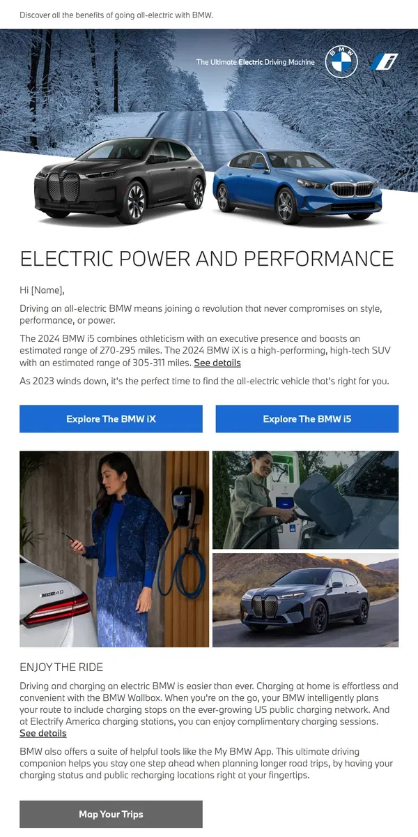 Email from BMW. [Name], electrify your holidays with an all-electric BMW