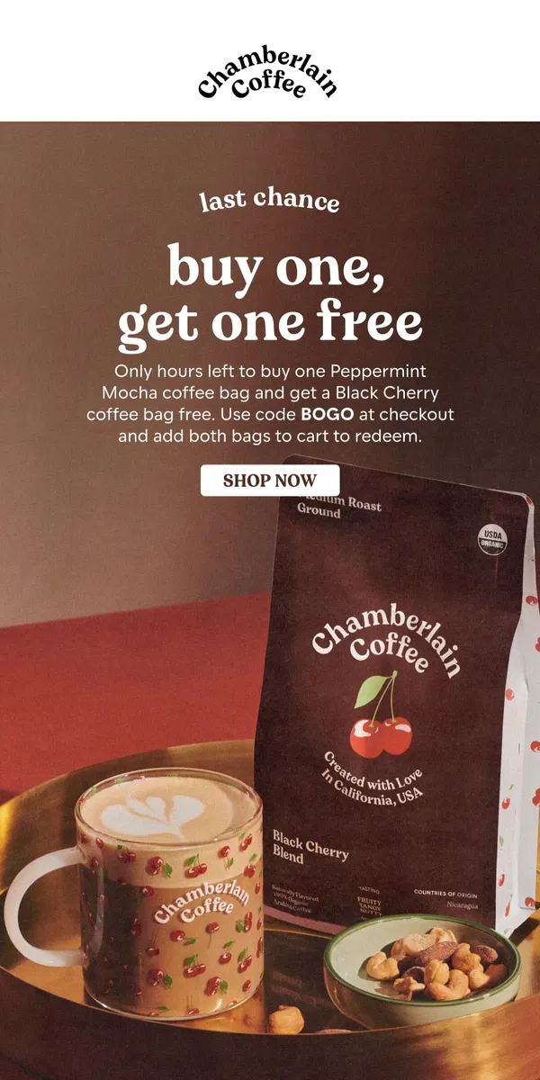 Email from Chamberlain Coffee. bogo ends tonight