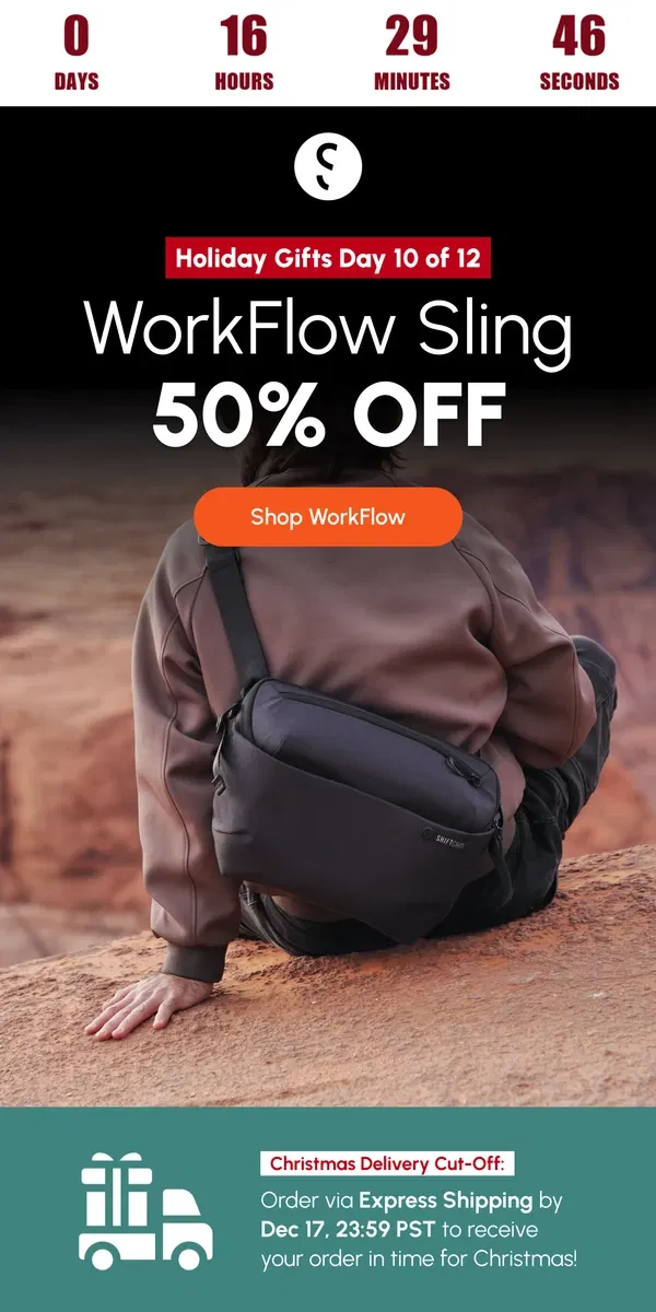 Email from ShiftCam. Gift of the Day: 50% OFF WorkFlow Slings! ⌛ Ends Tonight!