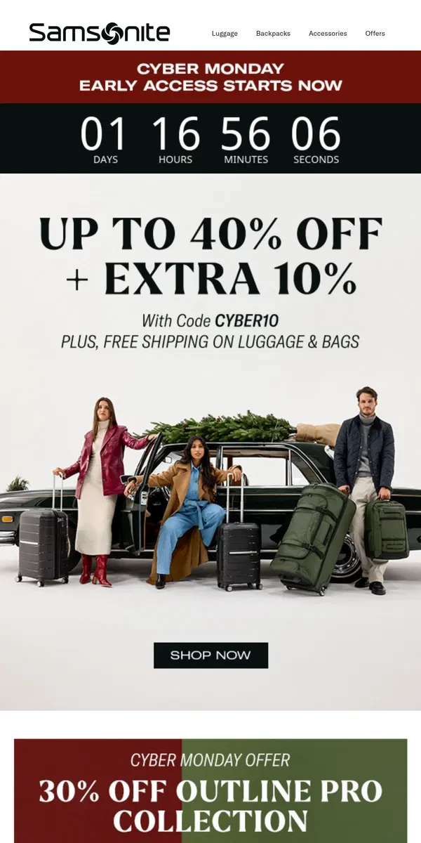 Email from Samsonite. VIP Access to Cyber Monday Starts NOW