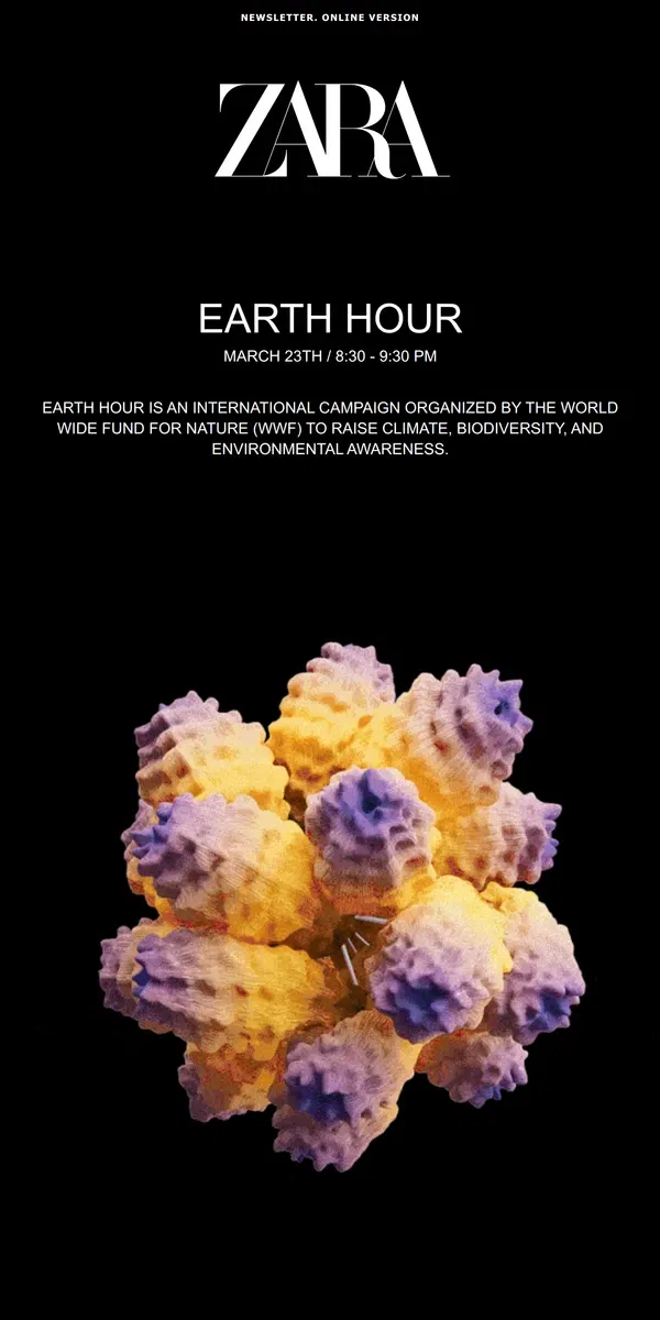 Email from Zara. EARTH HOUR / MARCH 23TH / 8:30 - 9:30 PM