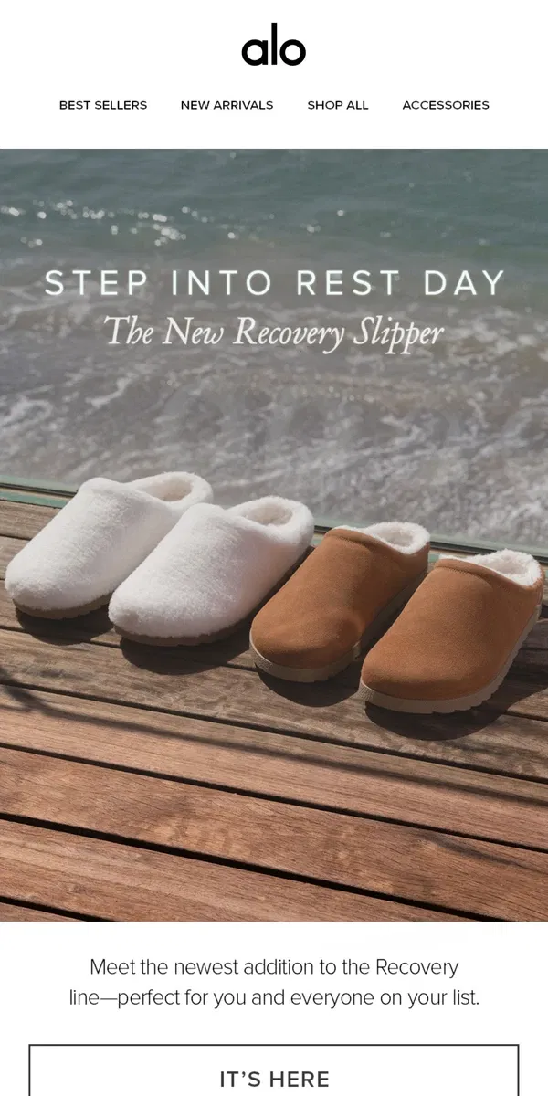 Email from Alo Yoga. NEW: Recovery Slipper