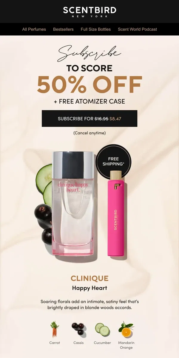 Email from Scentbird. 50% off Clinique Happy Heart