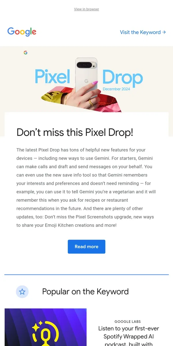 Email from Google. The new Pixel Drop is full of Gemini updates