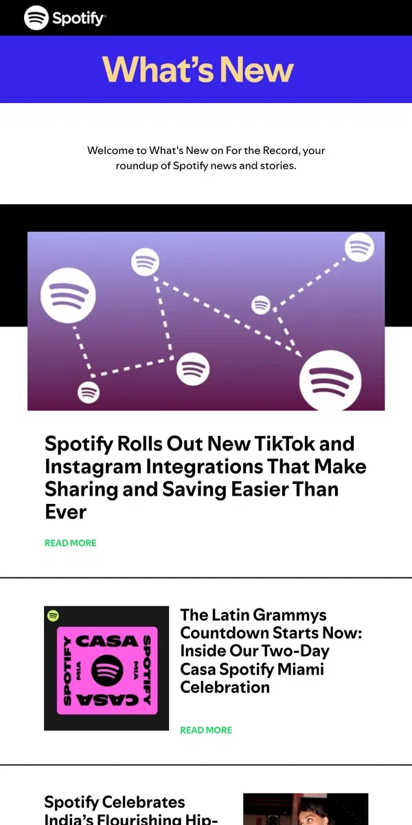 Email from Spotify. Spotify Rolls Out New TikTok and Instagram Integrations