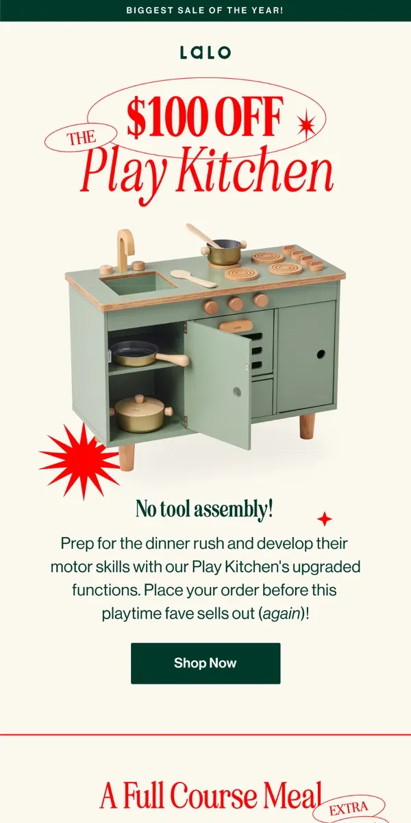 Email from Lalo. $100 off The Play Kitchen 🧑‍🍳