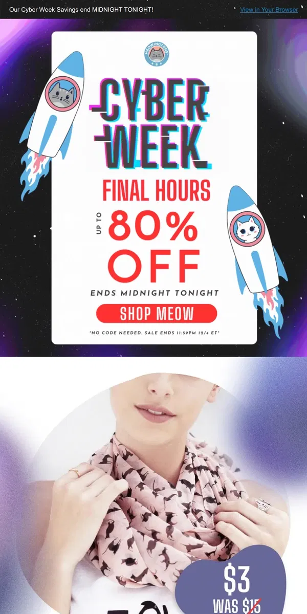 Email from Meowingtons. ❌❌ 5 HOURS LEFT!  ❌❌ UP TO 80% OFF❌❌