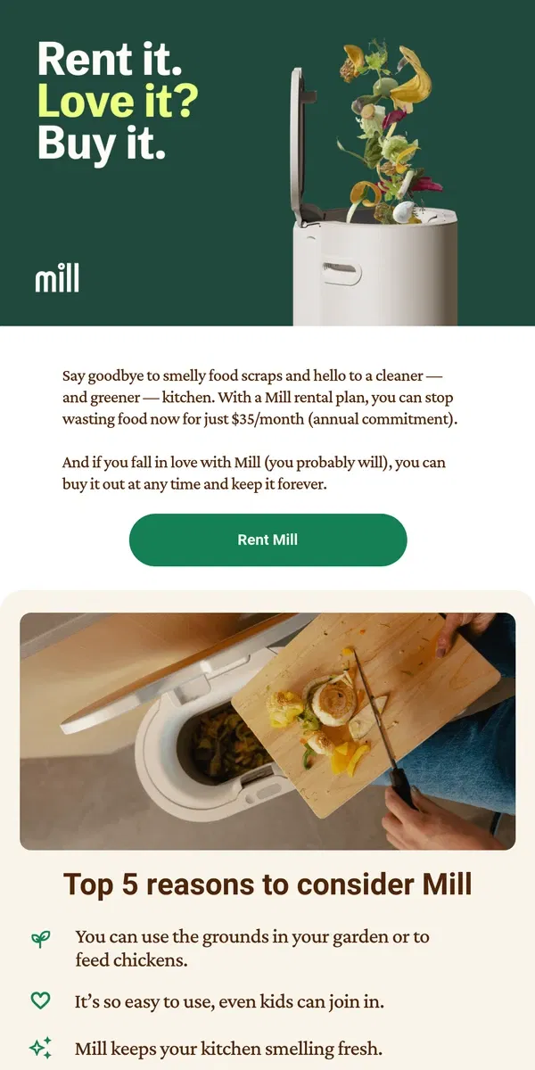 Email from Mill. Mill by the month for $35