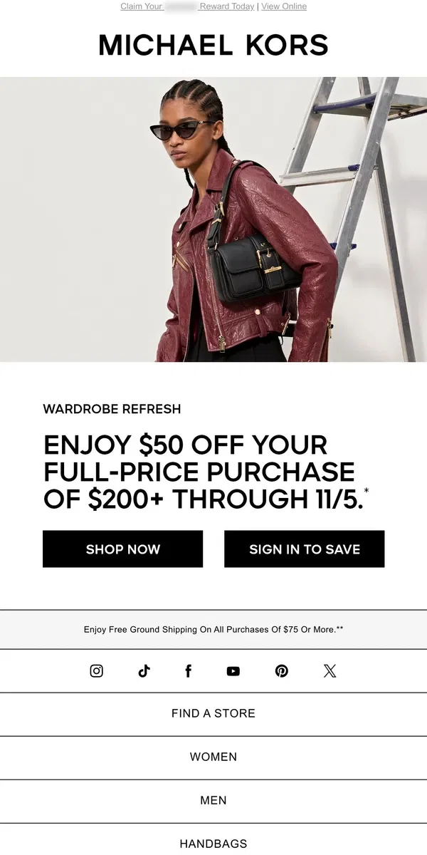 Email from Michael Kors. Want To Save $50 On New Fall Styles?