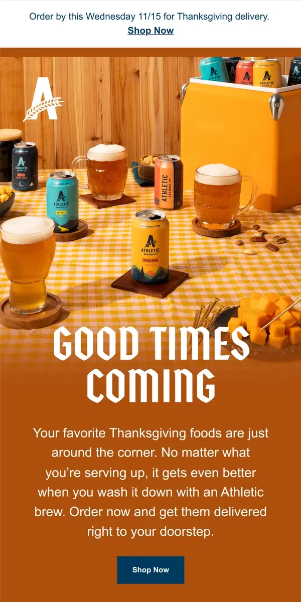 Email from Athletic Brewing Co. Thanksgiving Made Better - Order Now 🍗 🍻