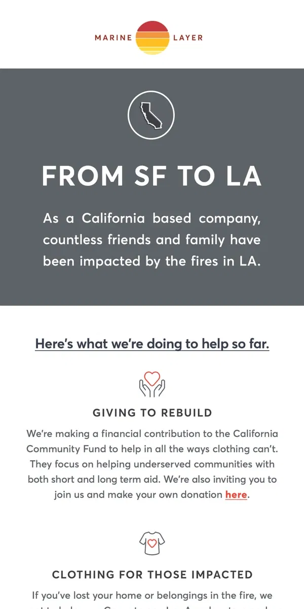 Email from Marine Layer. How we’re helping LA