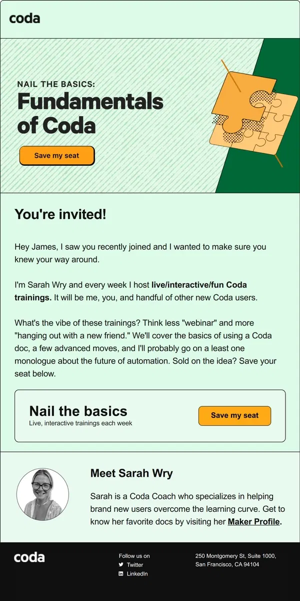 Email from Coda. James! You're invited to nail the basics. 🔨