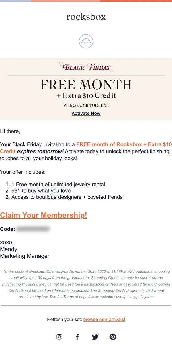 Email from Rocksbox. 🌟 your FREE MONTH expires tomorrow!