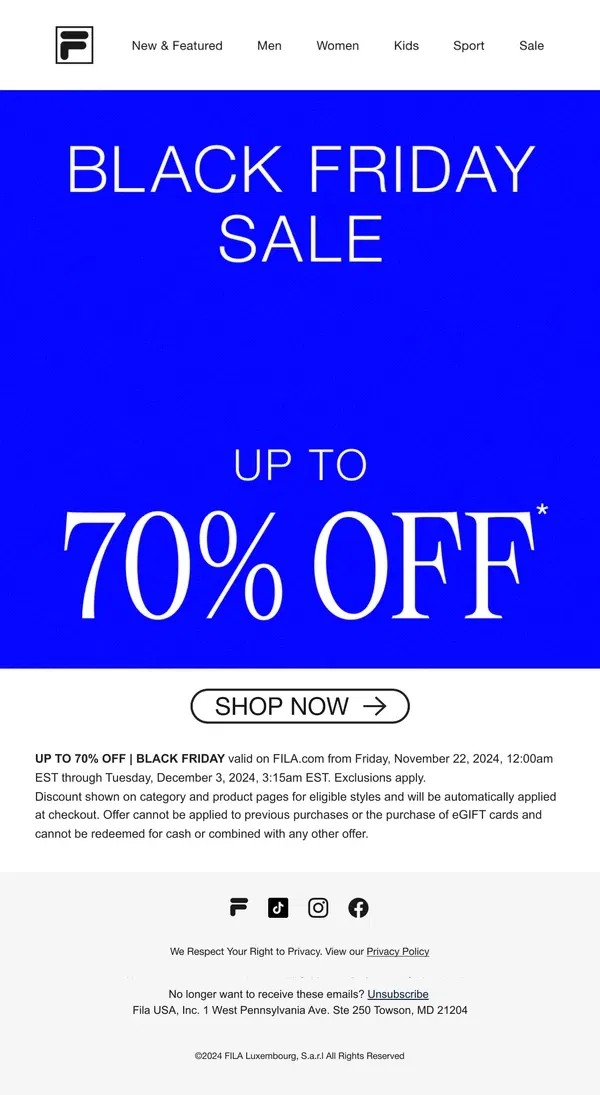 Email from FILA. Black Friday Weekend: Up to 70% Off