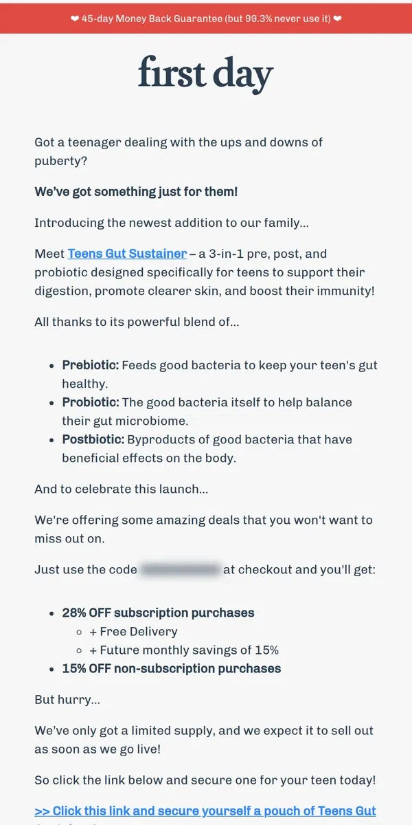 Email from First Day. JUST IN: Meet Teens Gut Sustainer 🦠