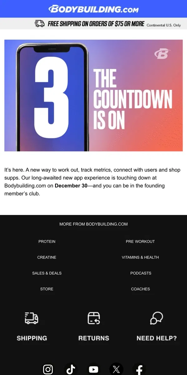 Email from Bodybuilding.com. Our New App Is Launching: Here’s How You Can Gain & Save