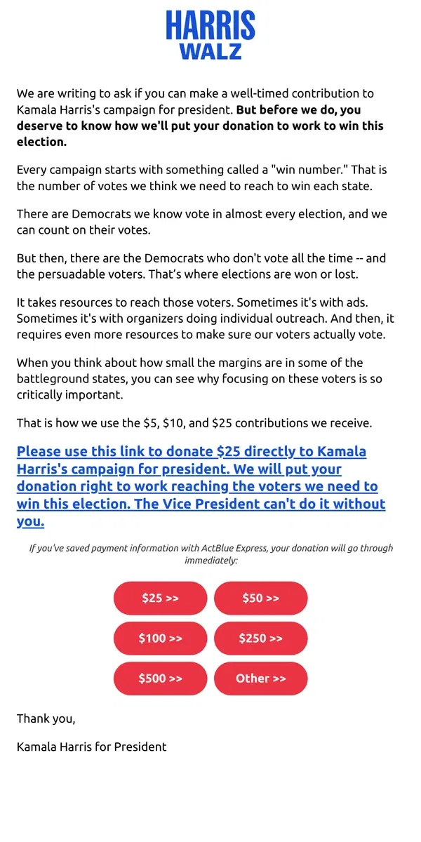 Email from Kamala Harris. Let us explain (our strategy)