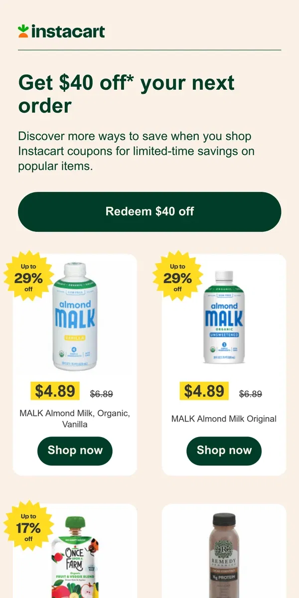 Email from Instacart. 🎉 Get $40 off your first order!