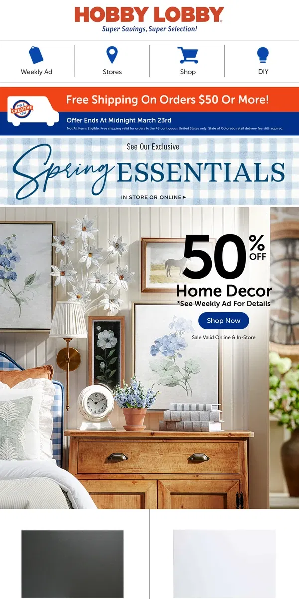 Email from Hobby Lobby. Add Floral Charm With 50% Off Wall Decor