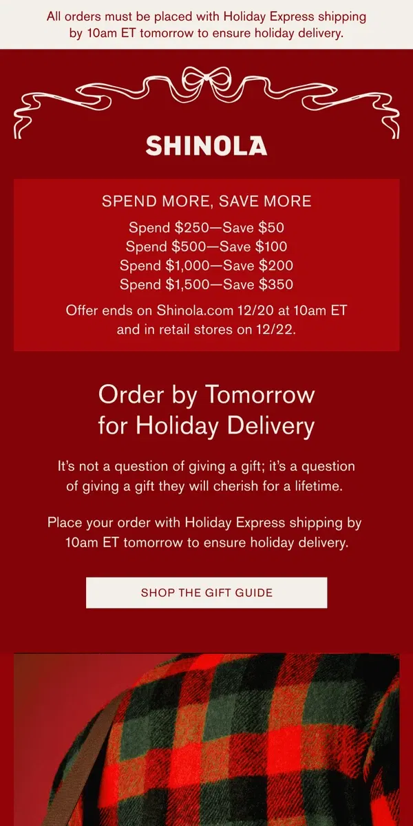 Email from Shinola Detroit. Ensure Your Gifts Arrive on Time