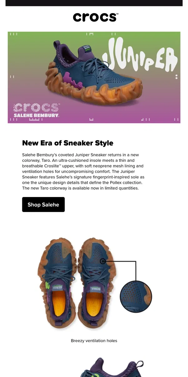 Email from Crocs. Salehe Bembury’s Juniper Sneaker is back