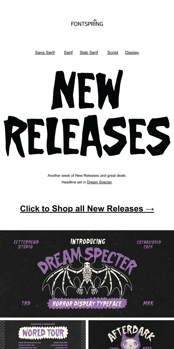 Email from Fontspring. New Releases | Fontface