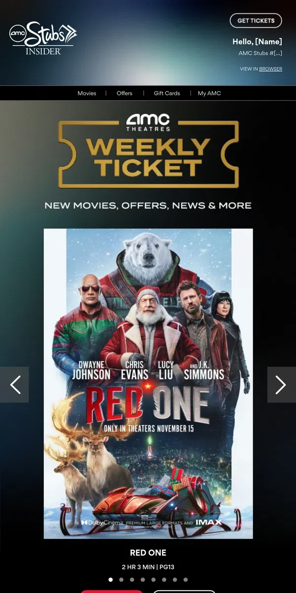 Email from AMC Theatres. [Name], Your Weekly Ticket Is Here