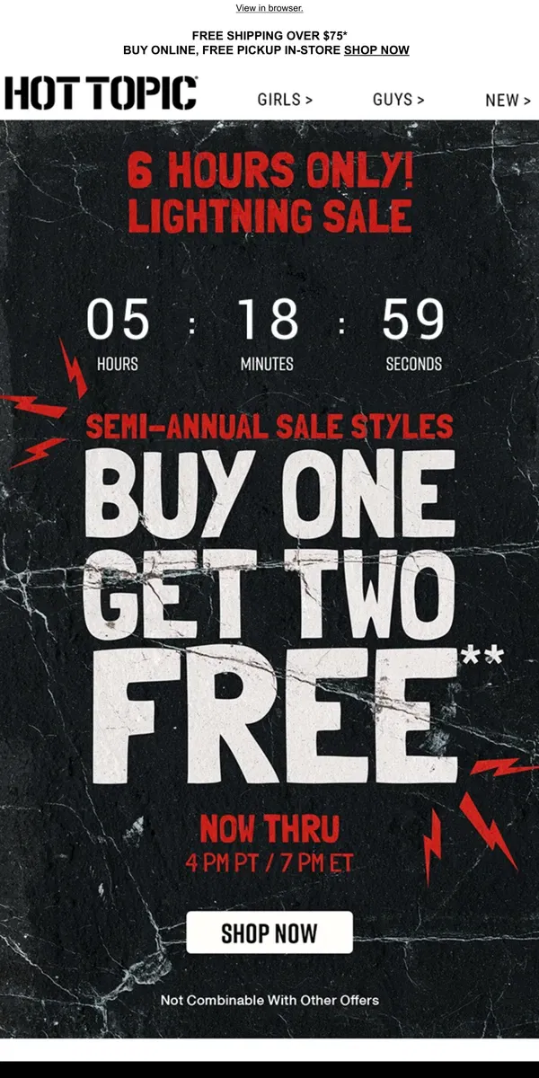 Email from Hot Topic. WHOA Semi-Annual Sale styles ➡️ Buy 1, Get 2 FREE for 6 hours only!