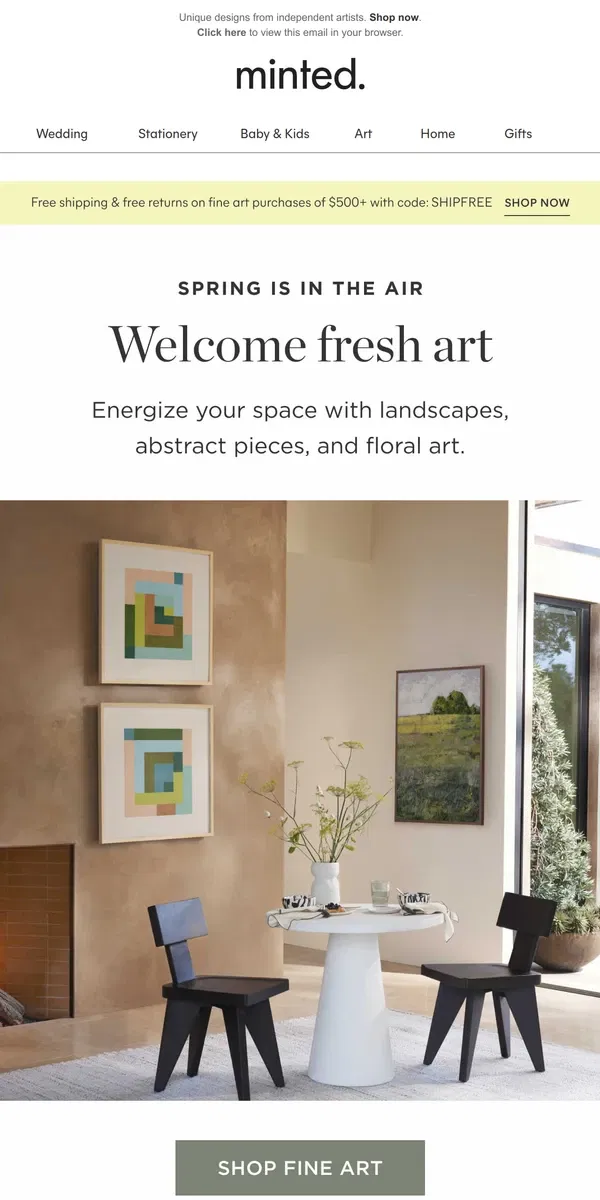 Email from Minted. Art to refresh your space