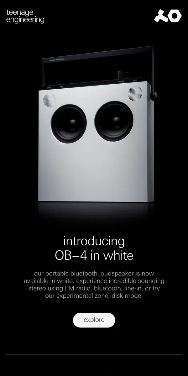 Email from teenage engineering. introducing OB–4 in white