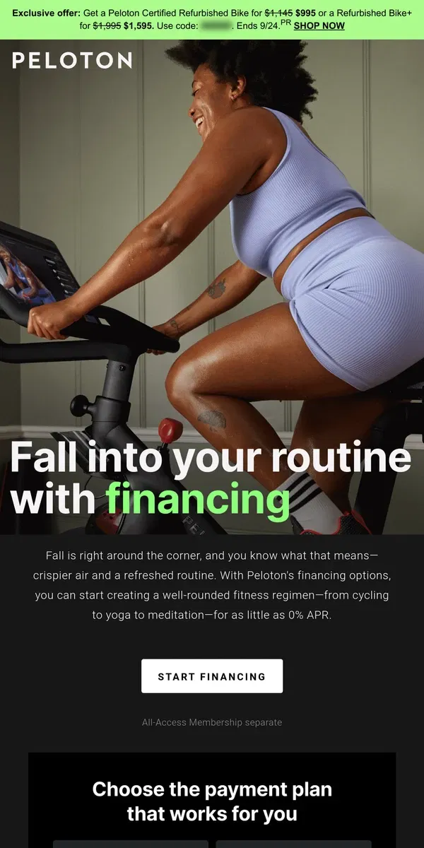 Email from Peloton. Finance your routine with Peloton