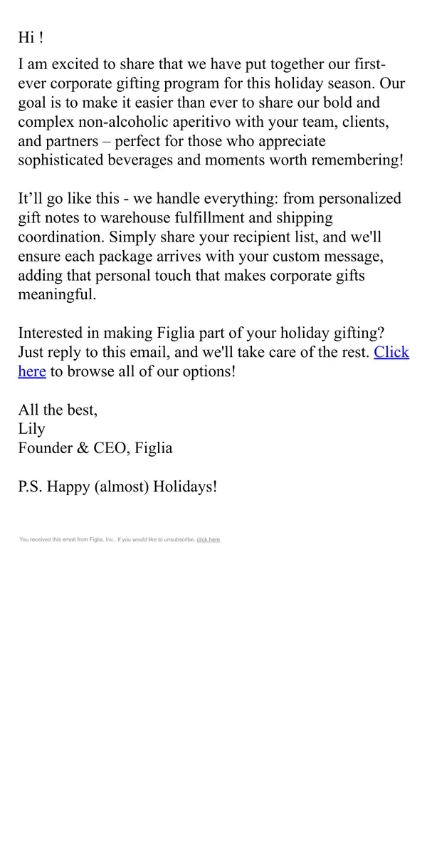 Email from Figlia. Make your corporate gifting memorable with Figlia this holiday season